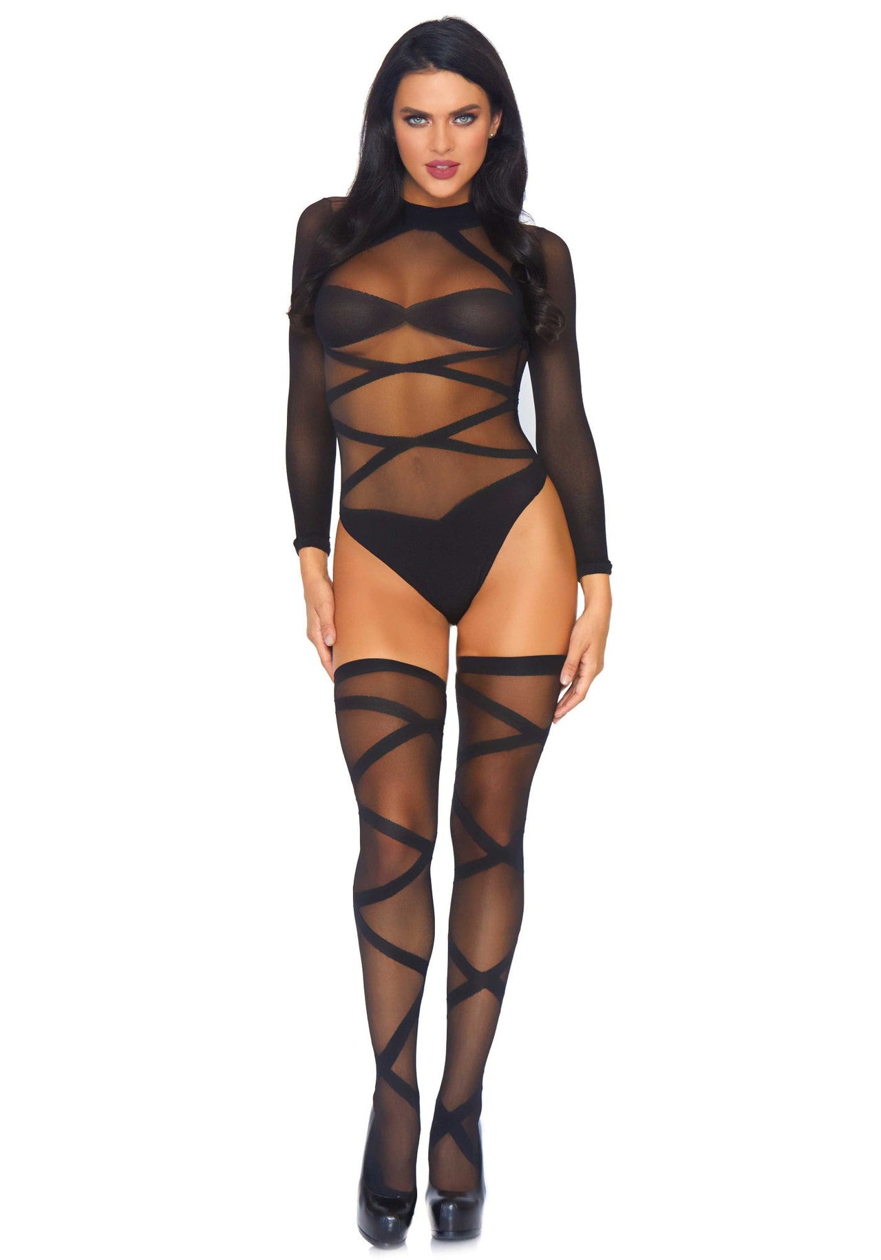 Criss Cross Bodysuit And Thigh Highs