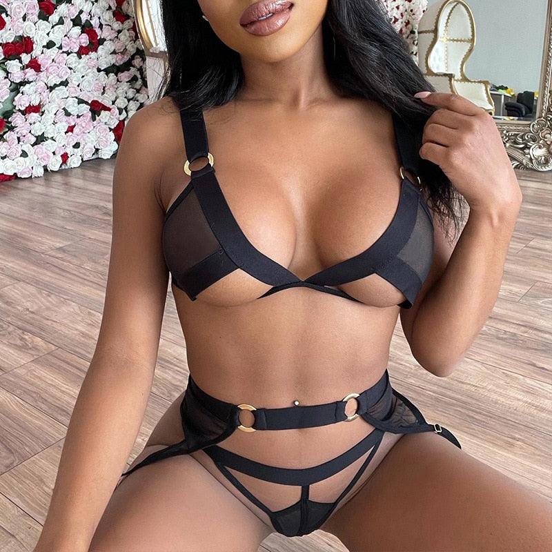 Lace Hollow Out 3 Piece Set Lingerie